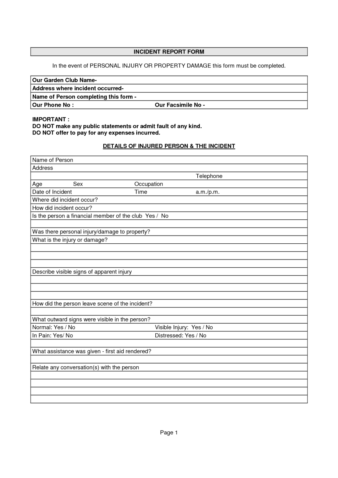 Fault Report Template Word