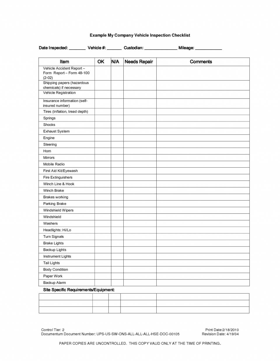 Inspection Spreadsheet Template Vehicle Checklist Excel Within Vehicle Checklist Template Word