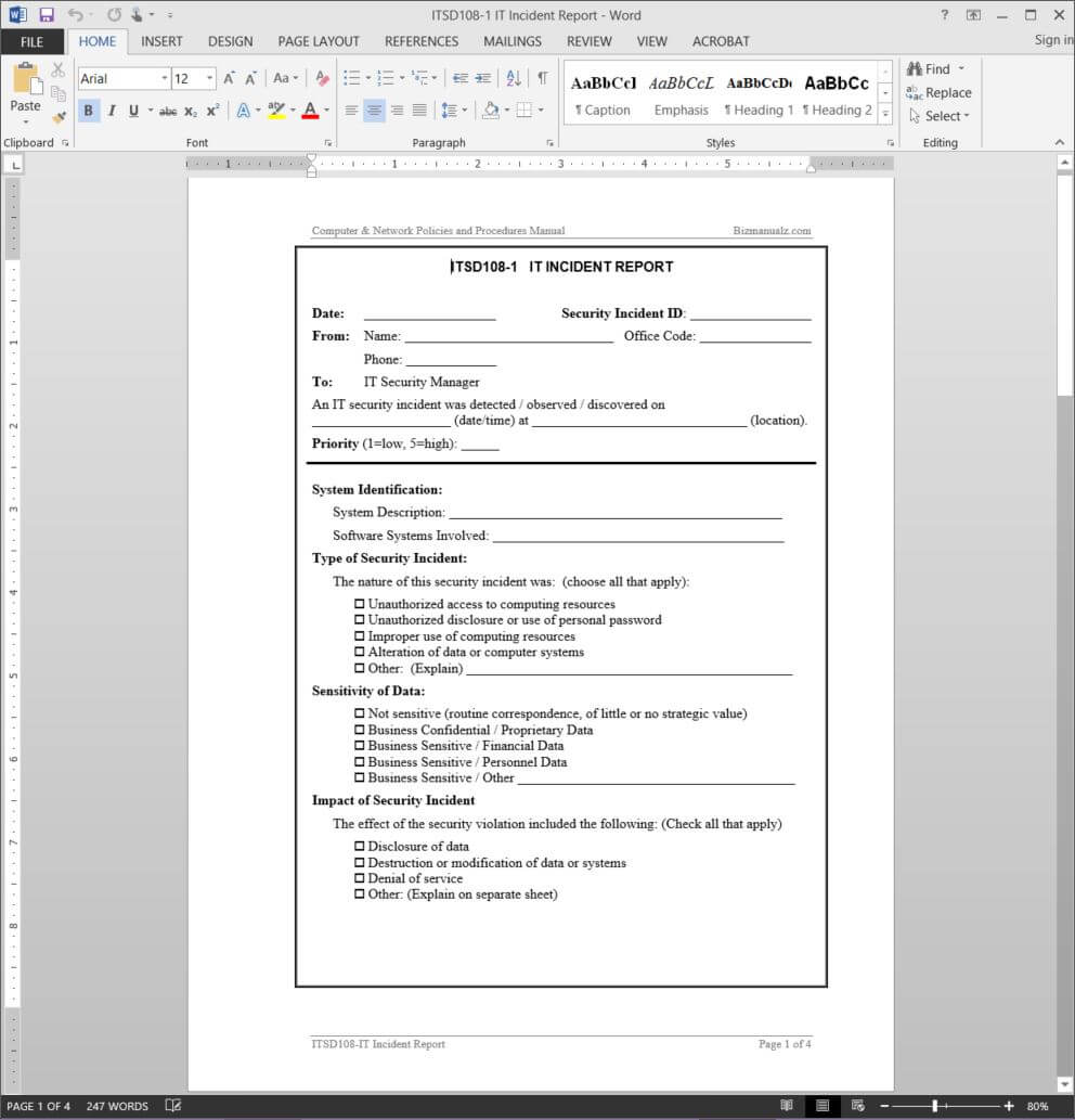 It Incident Report Template Itsd108 1 For Computer Incident Report