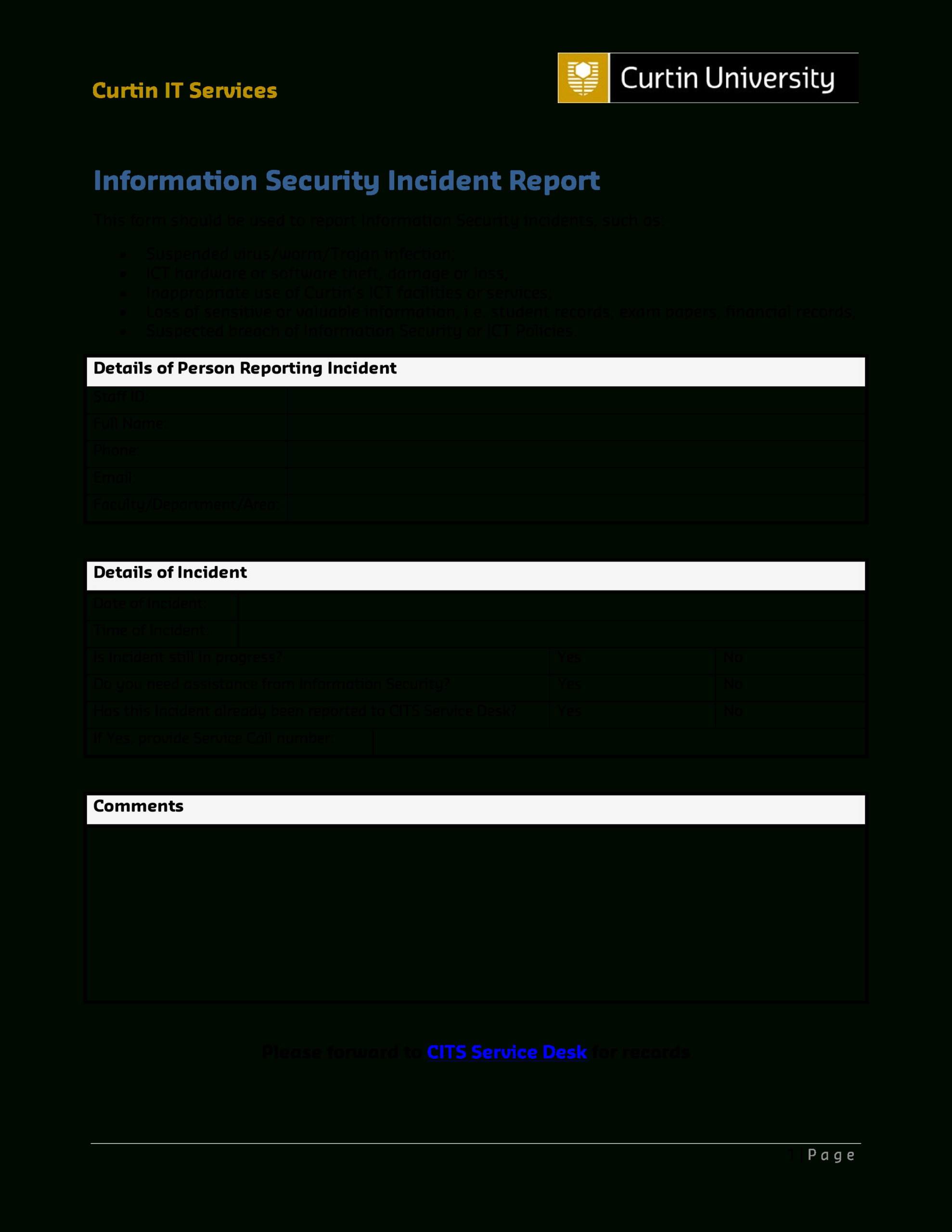 It Services Security Incident Report | Templates At In Information Security Report Template