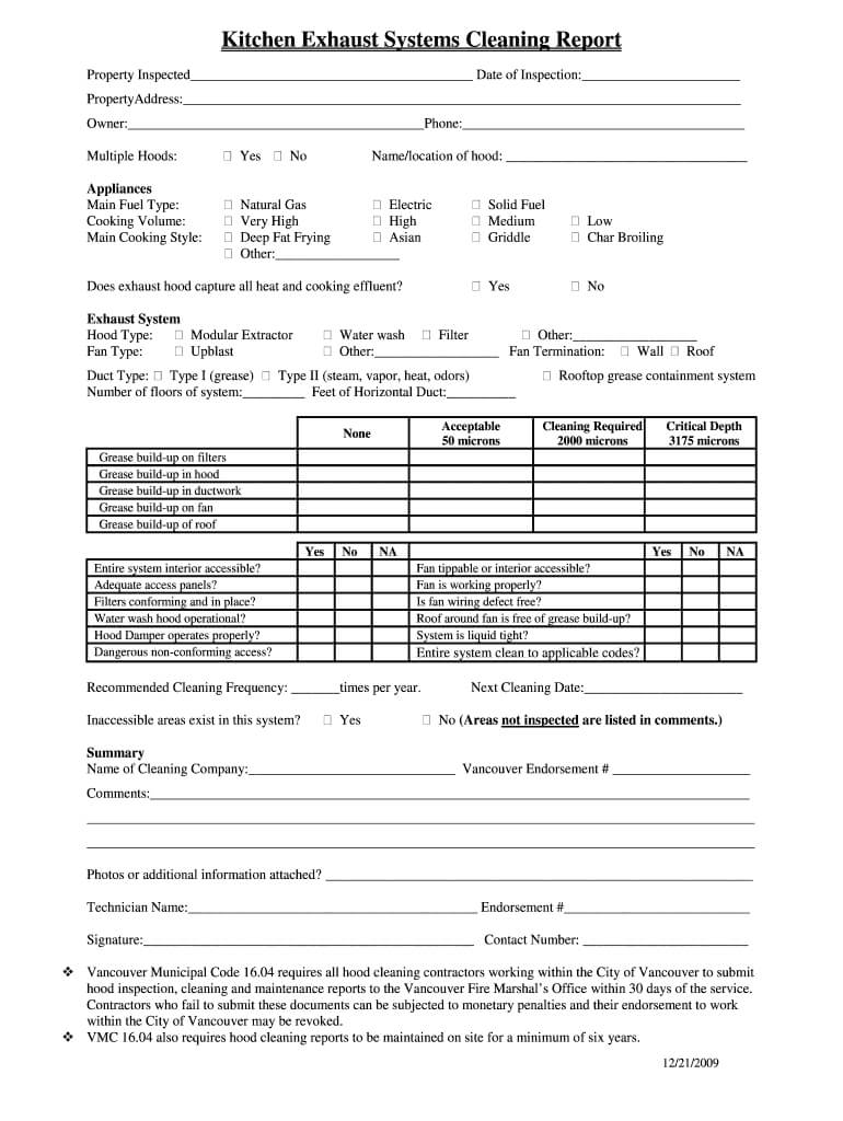 Kitchen Hood Cleaning Contract – Fill Online, Printable Intended For Cleaning Report Template