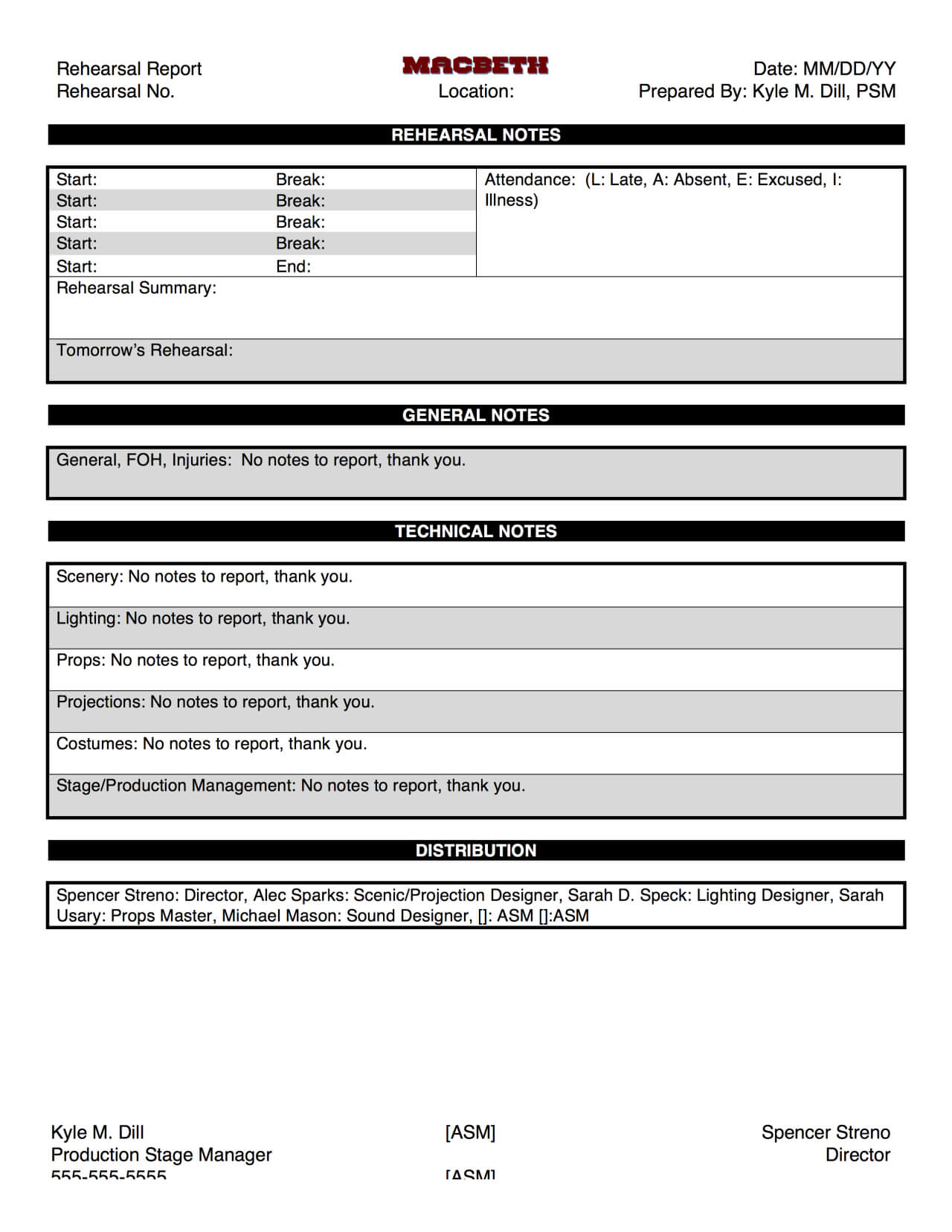 Rehearsal Report Template