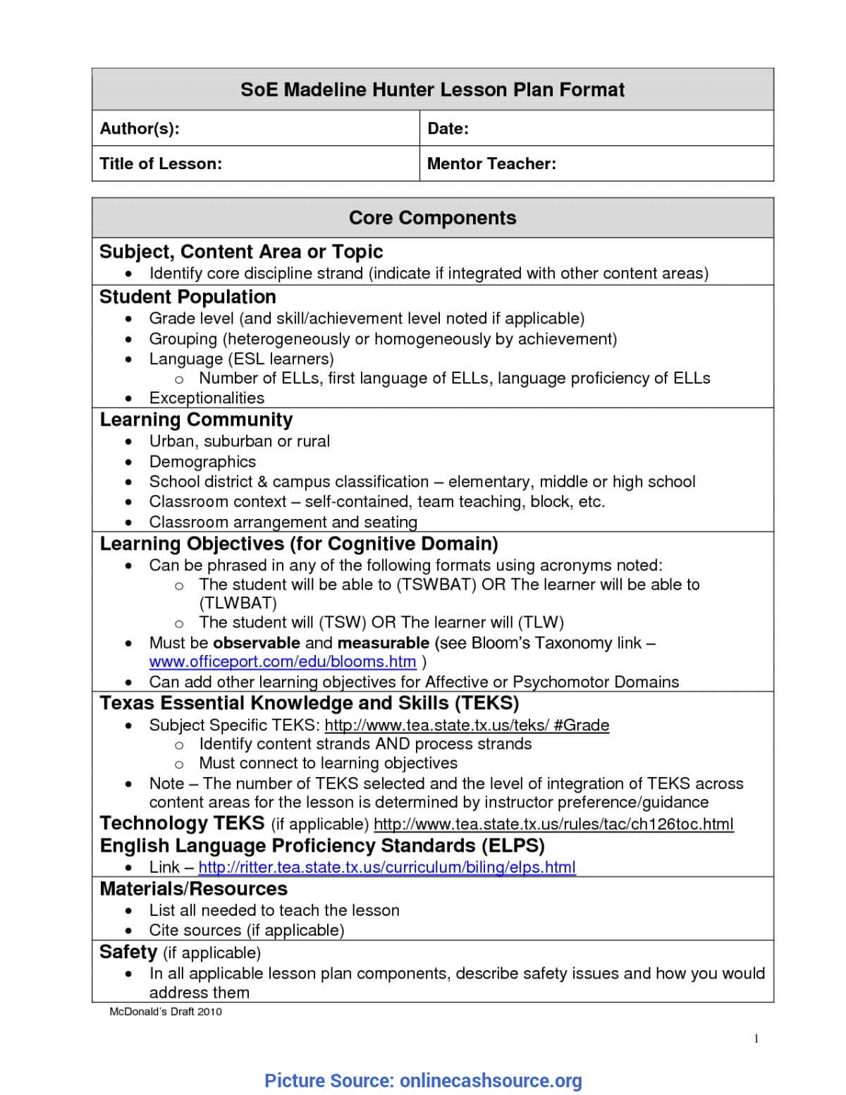 Madeline Hunter Lesson Plan Template Word – Colona.rsd7 Within Madeline Hunter Lesson Plan Blank Template