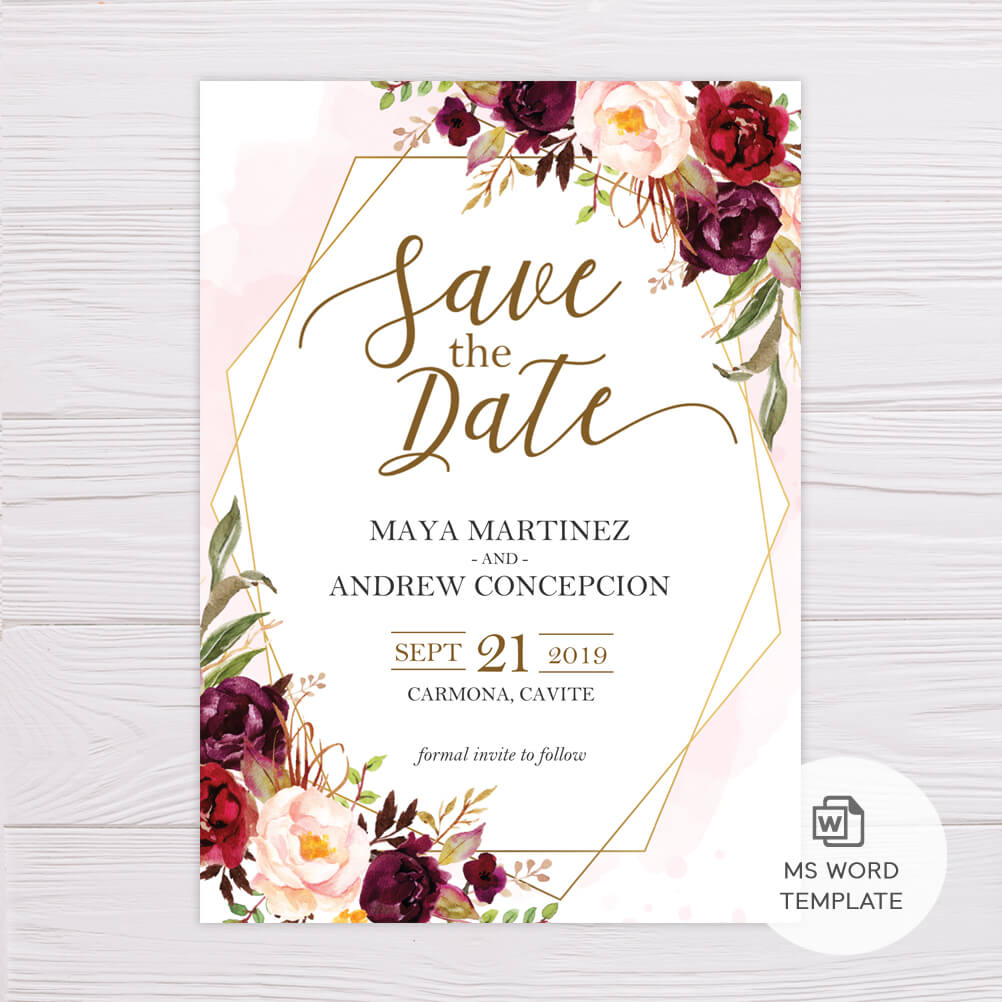 Marsala Flowers With Gold Frame Save The Date Template With Save The Date Templates Word
