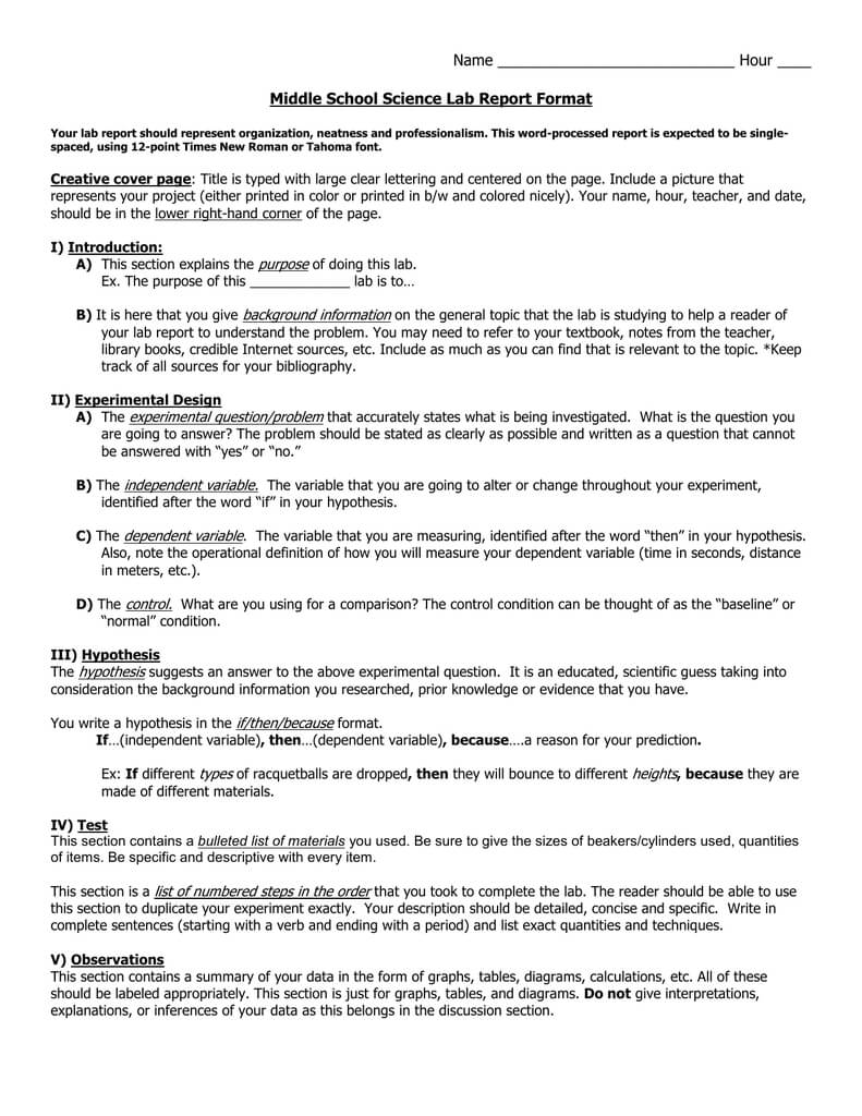 Middle School Science Lab Report Format Pertaining To Lab Report Template Middle School