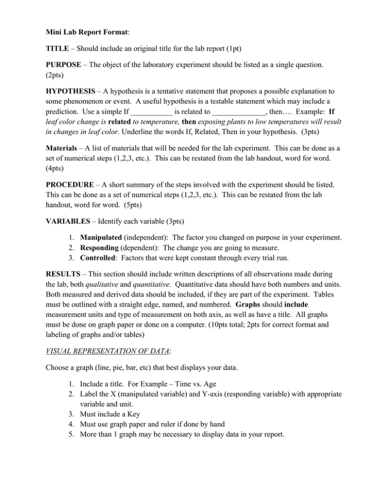 Mini Lab Report Format Title Should Include An Original with Lab
