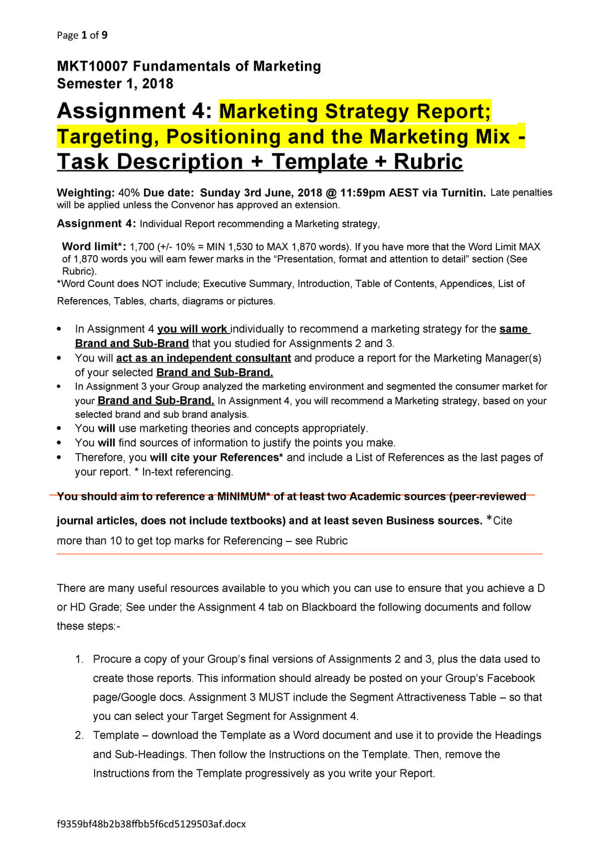 Mkt10007 Assignment 4 Template & Rubric S1,18 – Marketing Regarding Assignment Report Template