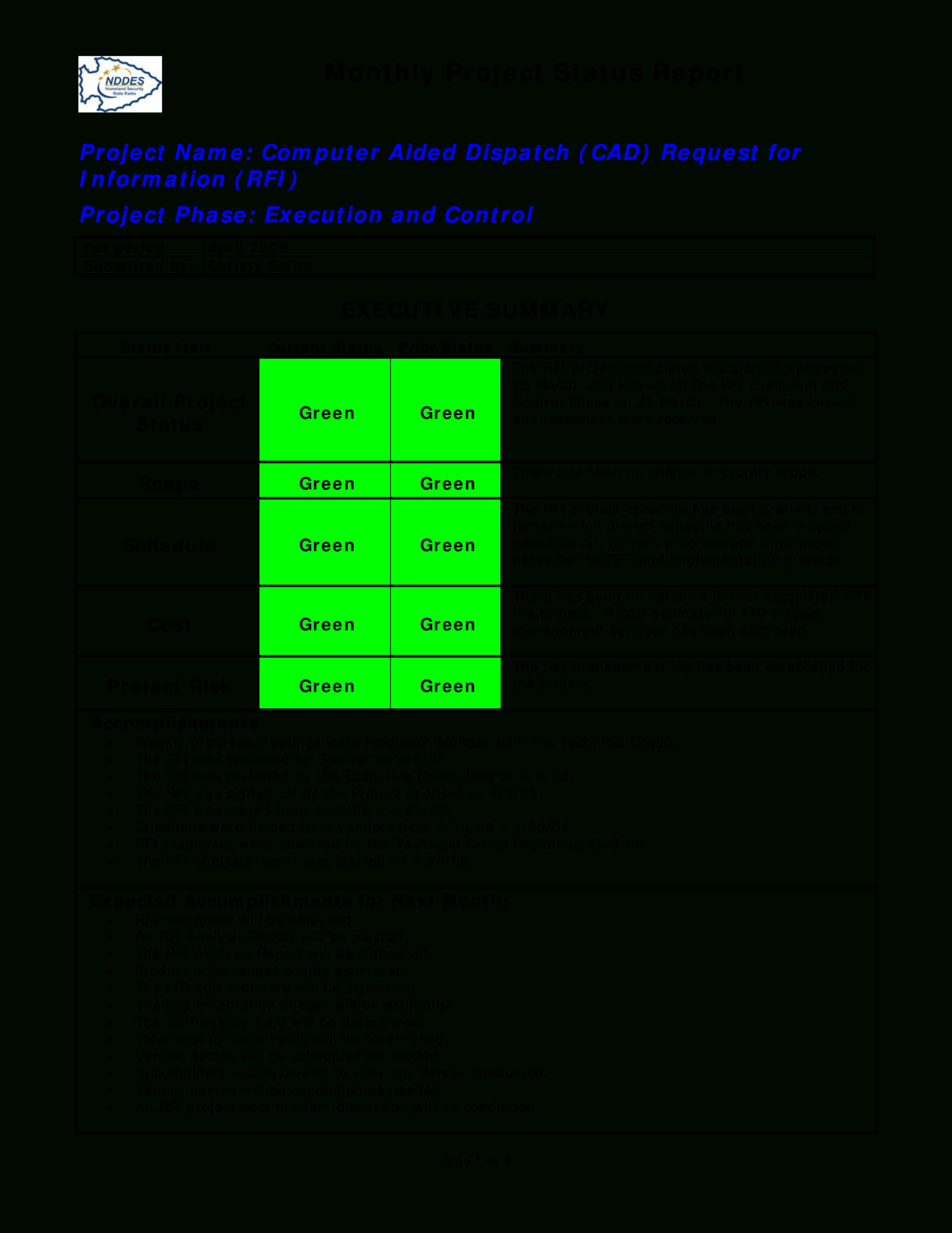 Monthly Project Status Report | Templates At Pertaining To Executive Summary Project Status Report Template