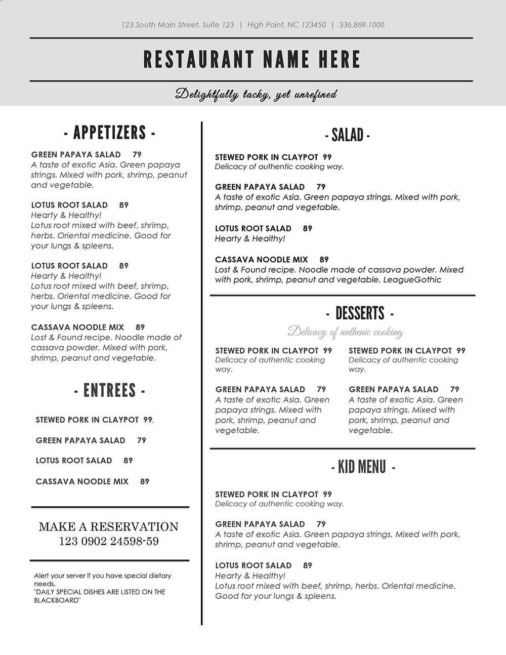 Menu Template For Word