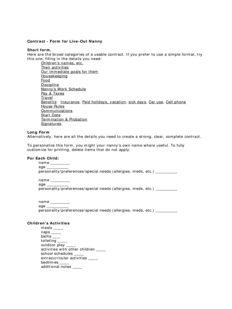 Nanny Contract Template – 2 Free Templates In Pdf, Word With Regard To Nanny Contract Template Word