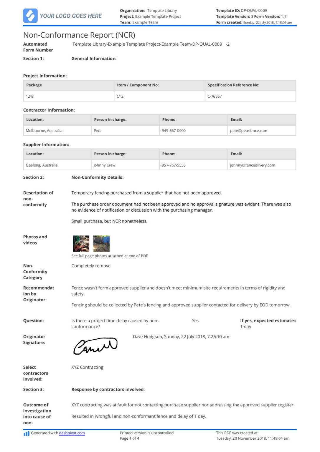 Non Conformance Report Template