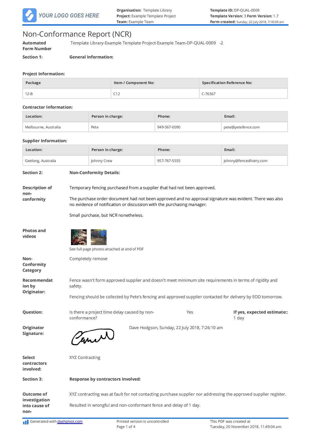 Non Conformance Report Example: Here's What Your Ncr Should For Ncr Report Template