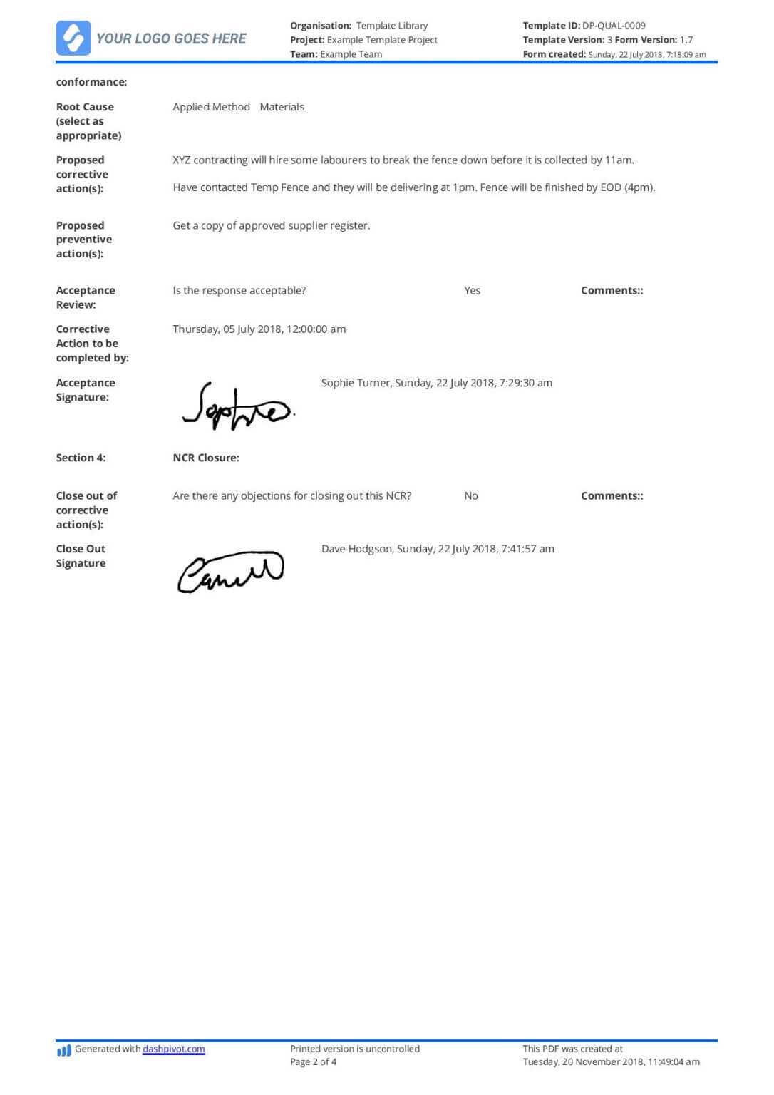 Equipment Fault Report Template