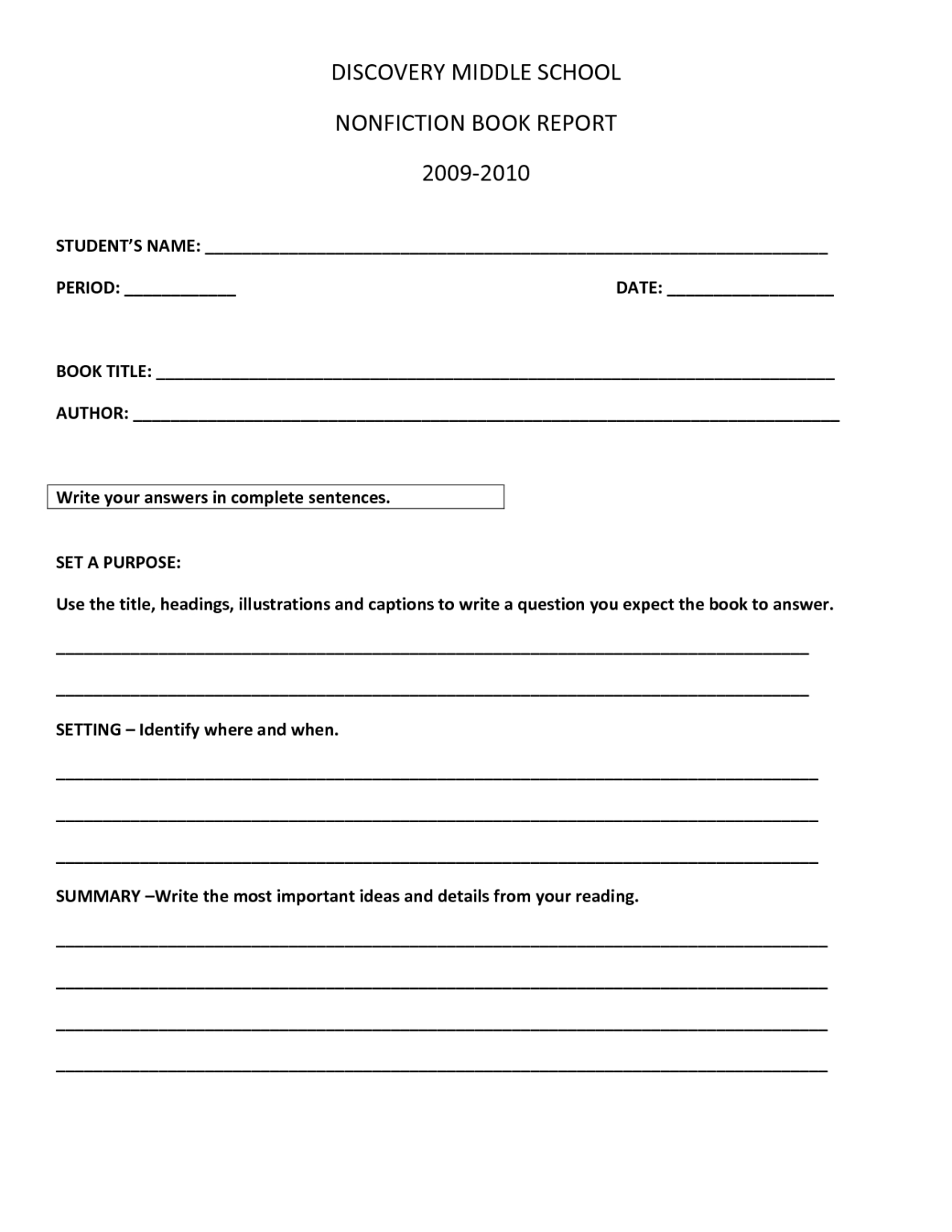 Non Fiction Book Report Template Middle School How To for Nonfiction