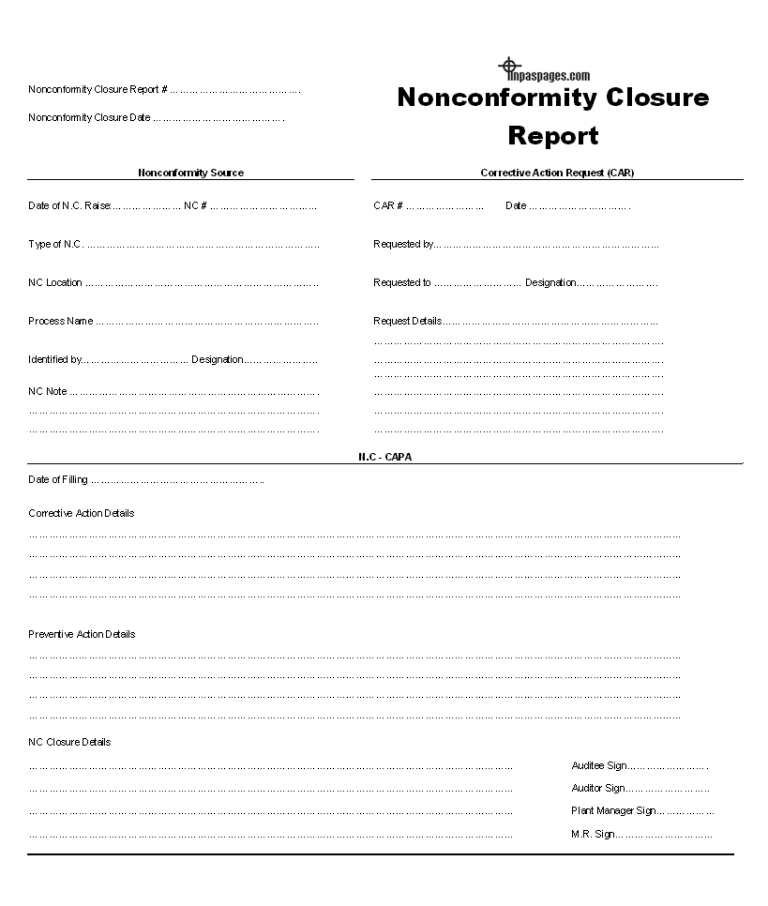 Nonconformity Closure Report Format In Closure Report Template Best