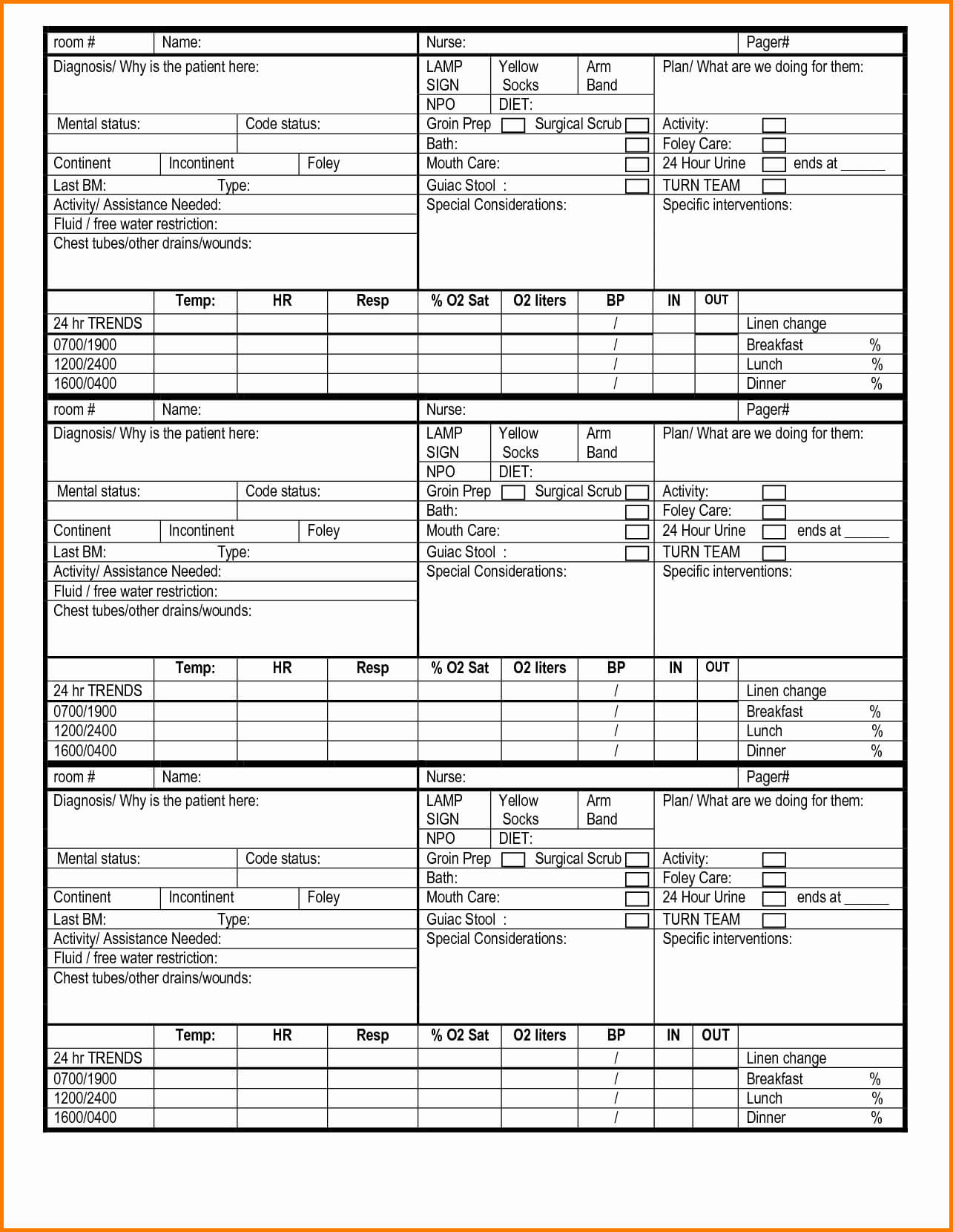 Nursing Shift Report Forms Nurse Form Change Example Sheet Intended For Charge Nurse Report Sheet Template