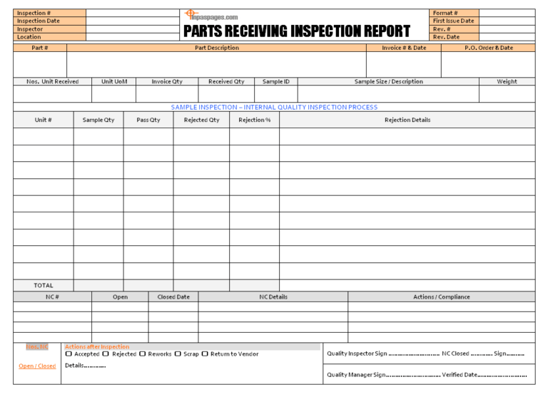 Part Inspection Report Template