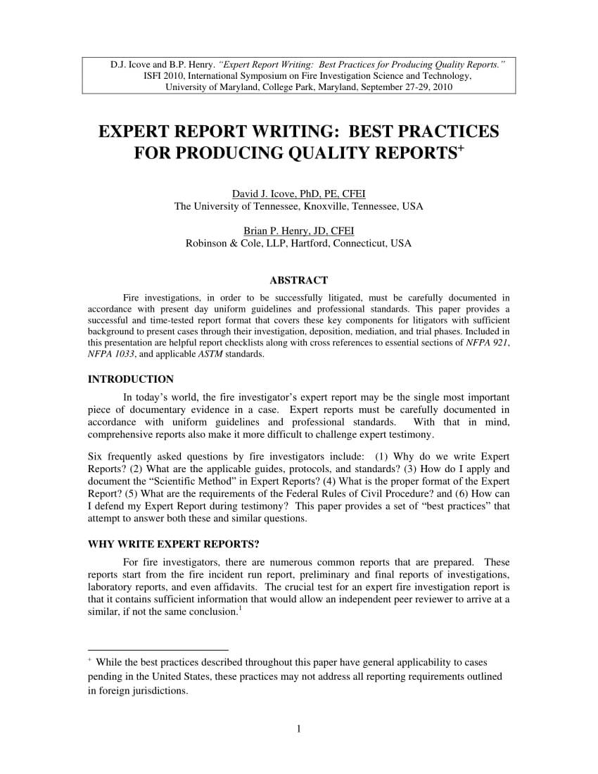 Pdf) Expert Report Writing: Best Practices For Producing Intended For Sample Fire Investigation Report Template