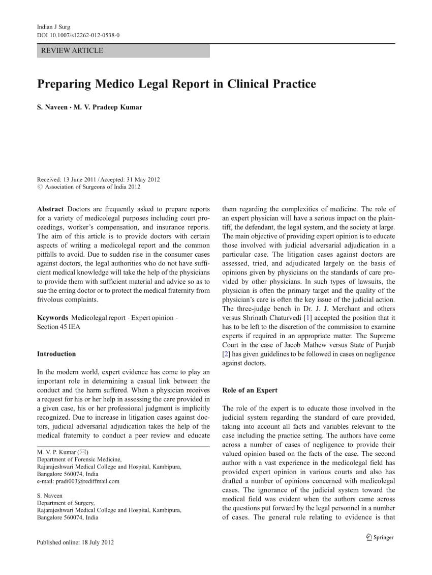 Pdf Preparing Medico Legal Report In Clinical Practice With Medical 