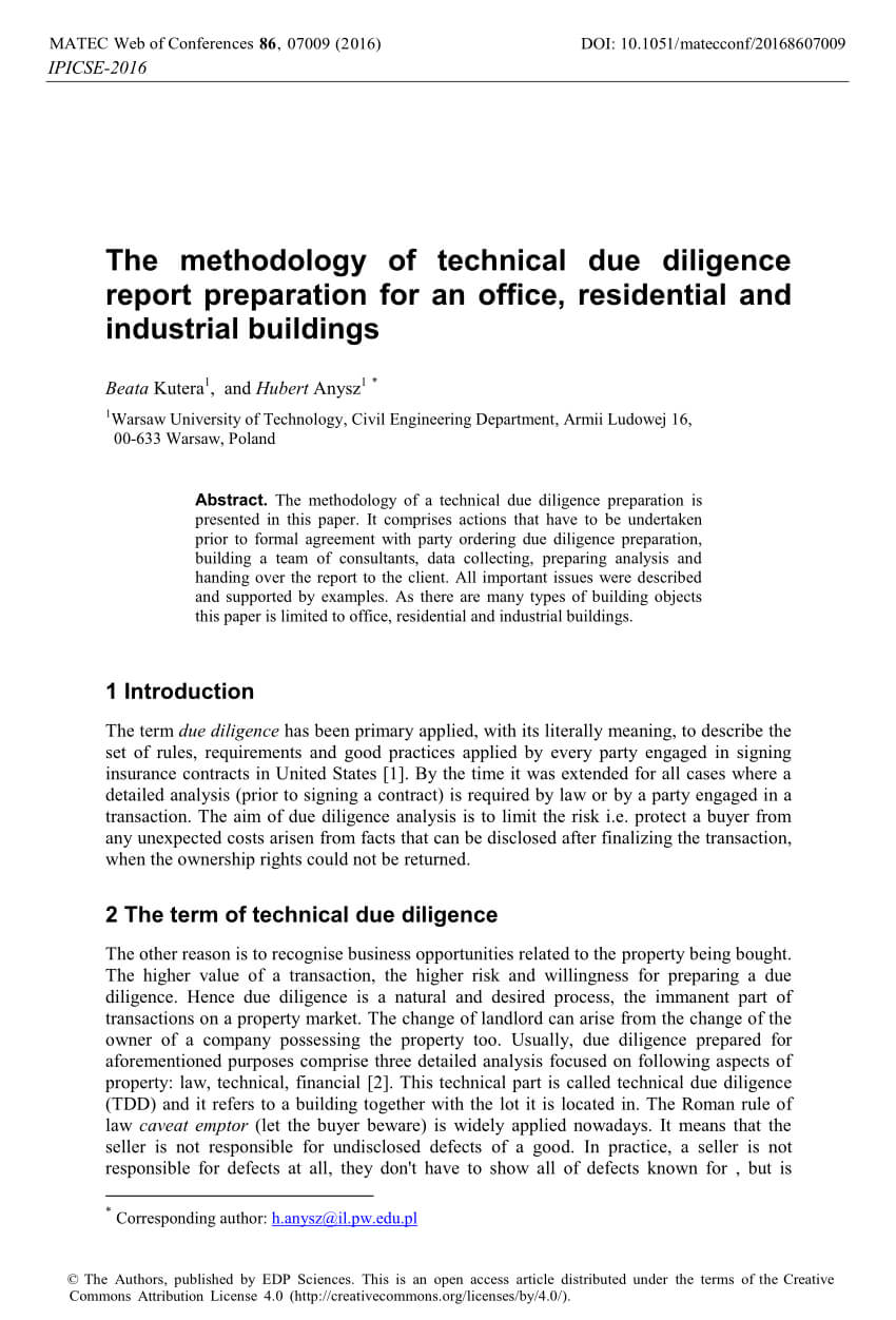Pdf) The Methodology Of Technical Due Diligence Report Pertaining To Vendor Due Diligence Report Template