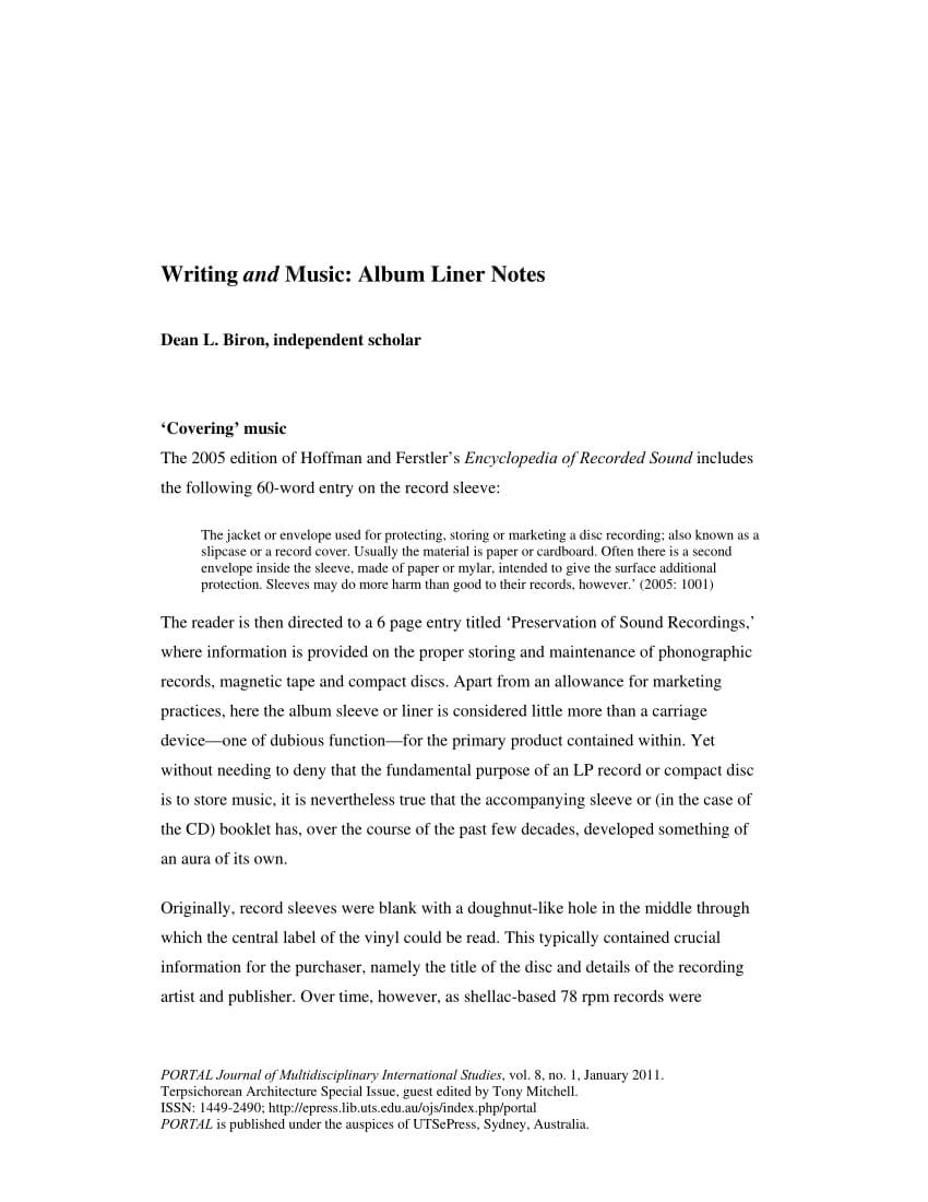 Pdf) Writing And Music: Album Liner Notes Inside Cd Liner Notes Template Word