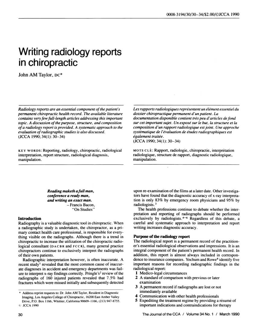 Pdf) Writing Radiology Reports In Chiropractic Within Chiropractic X Ray Report Template