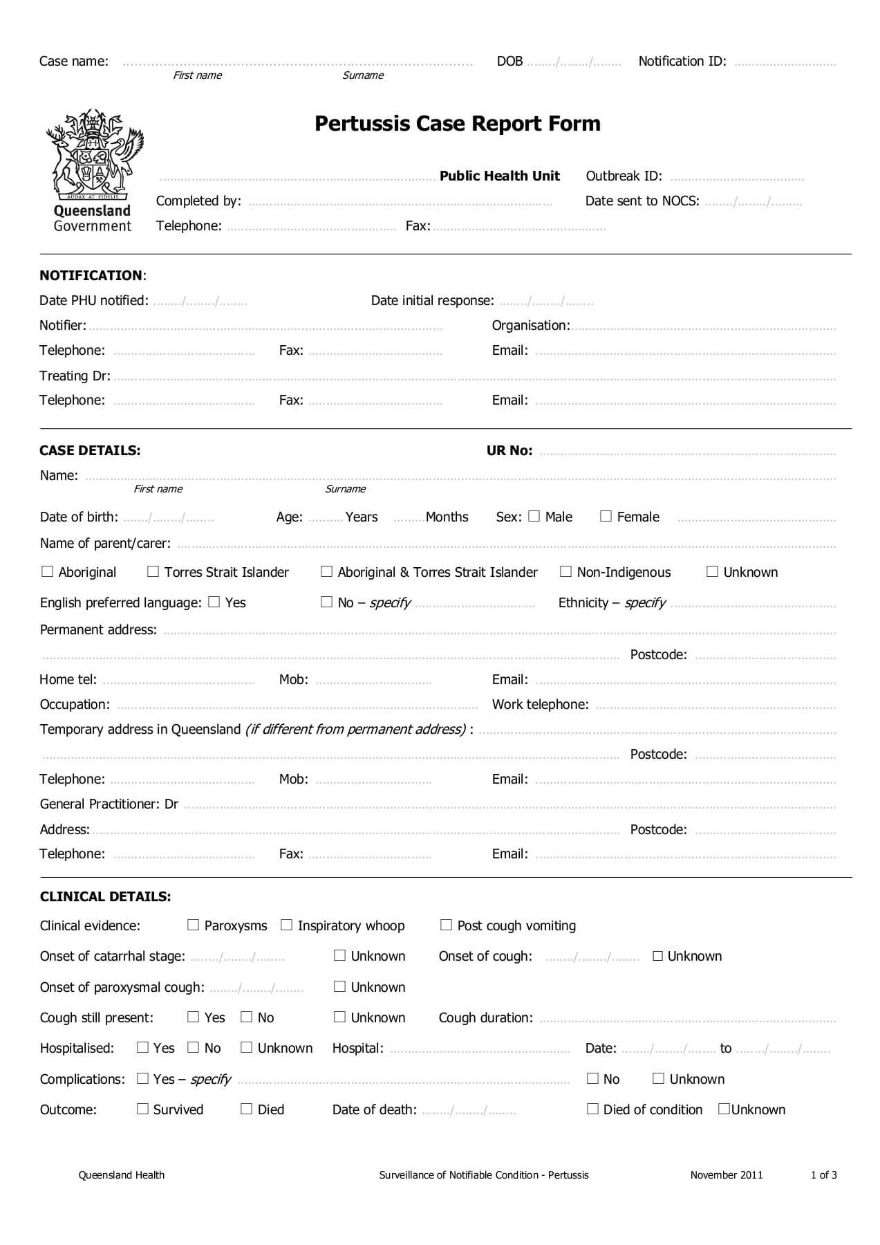 Pertussis Case Report Form – Queensland Health Throughout Case Report Form Template