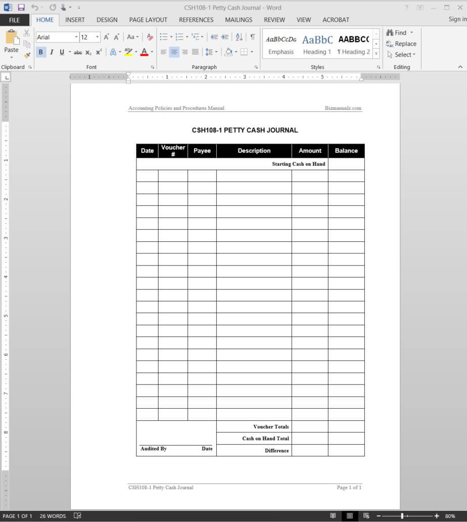 Petty Cash Accounting Journal Template | Csh108 1 Inside Petty Cash Expense Report Template