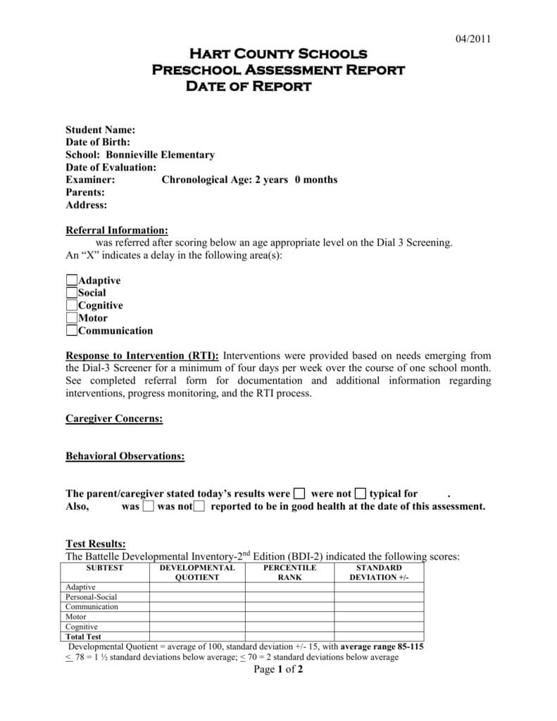 Preschool Evaluation Report Template For Intervention Report Template