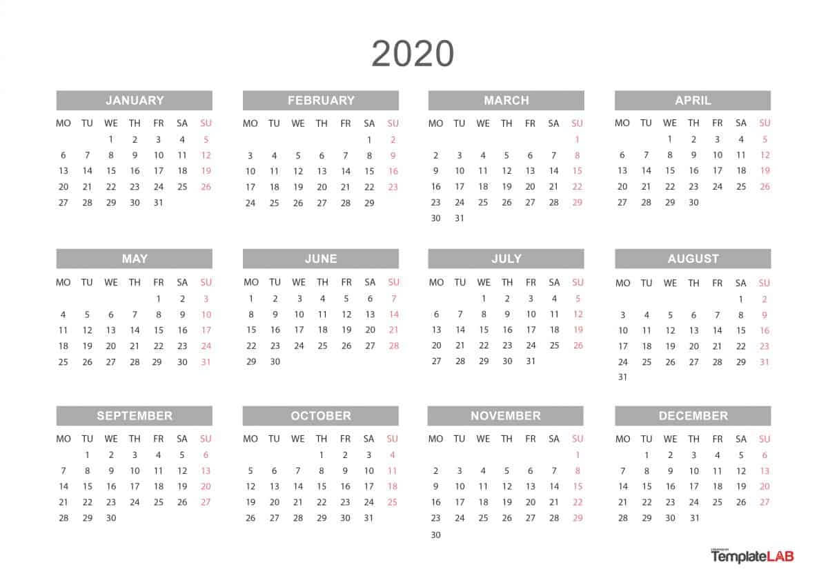 Printable 2020 Year Calendar – Tunu.redmini.co In Month At A Glance Blank Calendar Template
