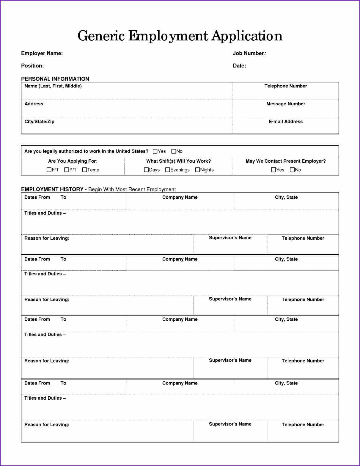 Printable Generic Job Application Form Template Business Intended For