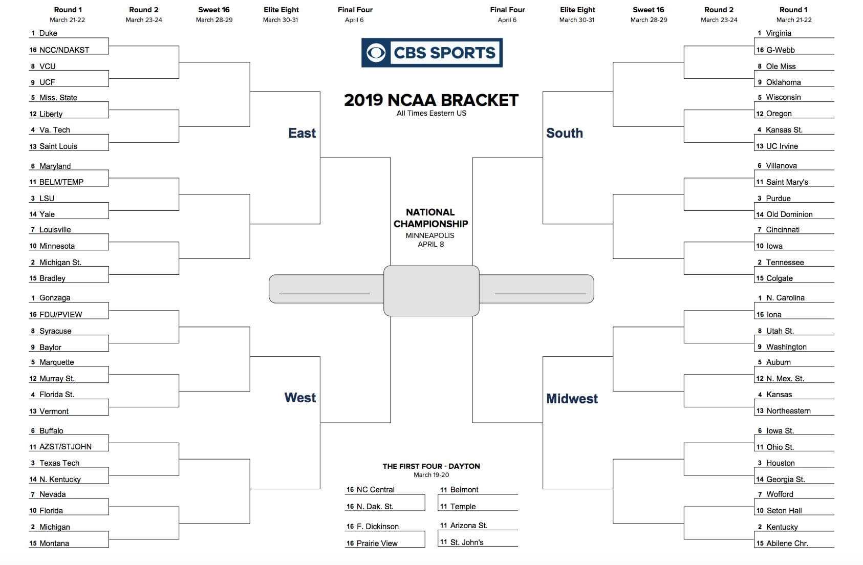 Printable Ncaa Tournament Bracket For March Madness 2019 Throughout Blank Ncaa Bracket Template