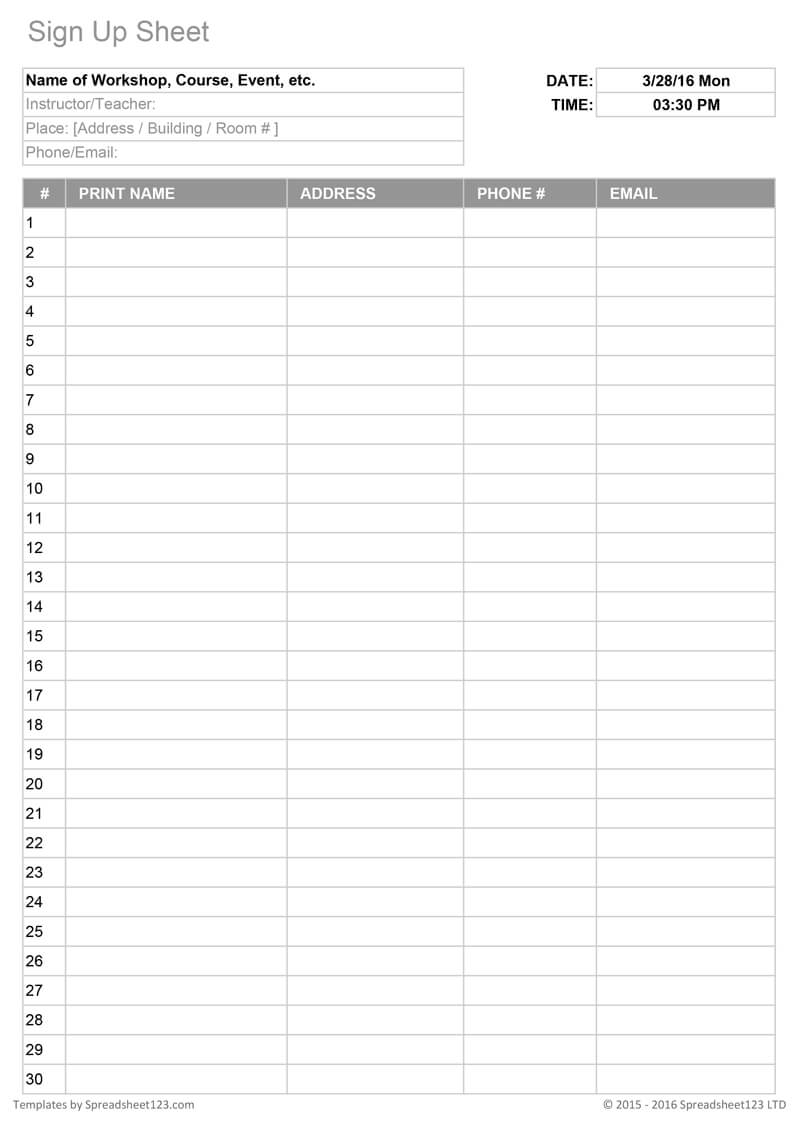 Printable Sign Up Worksheets And Forms For Excel, Word And In Free Sign Up Sheet Template Word