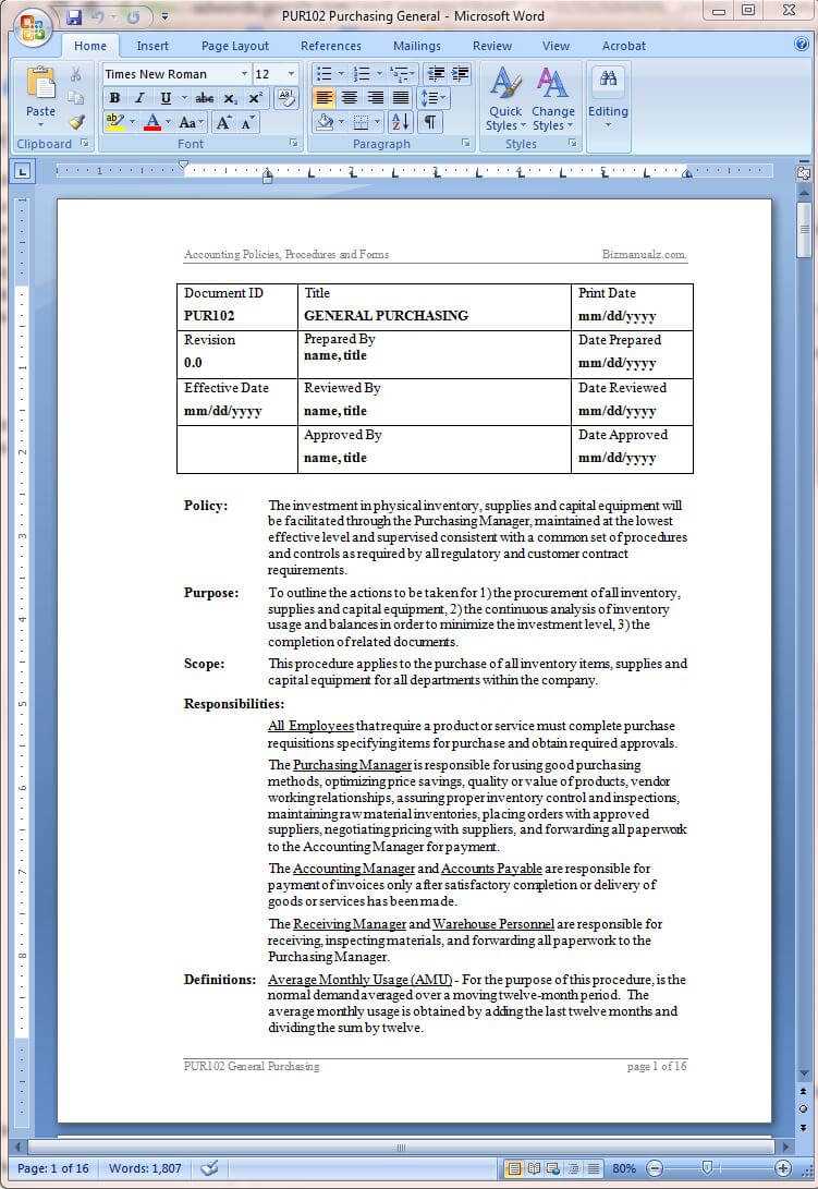 Company Procedures Manual Template Free