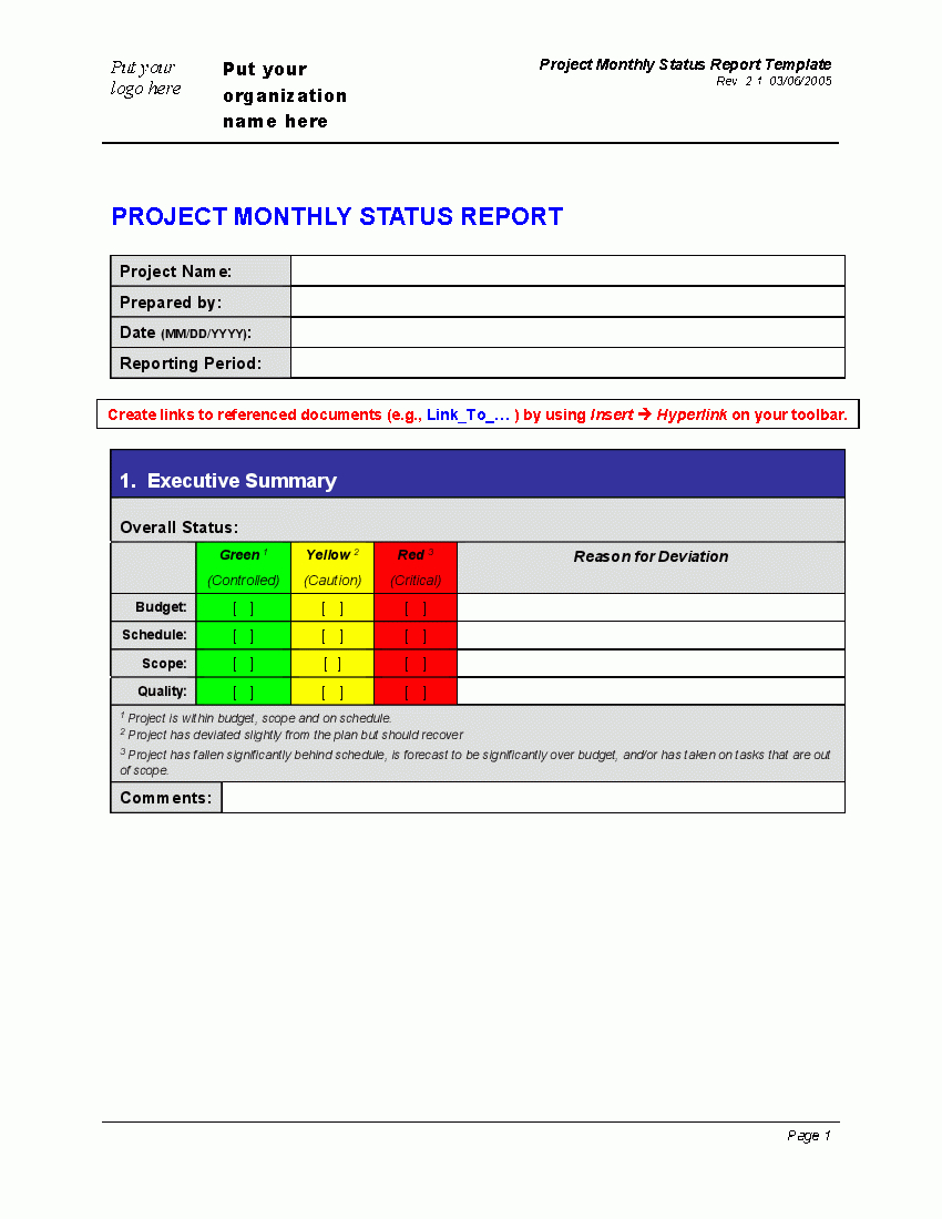 Progress Monthly Status Report (Word) – Flevypro Document For Project Monthly Status Report Template