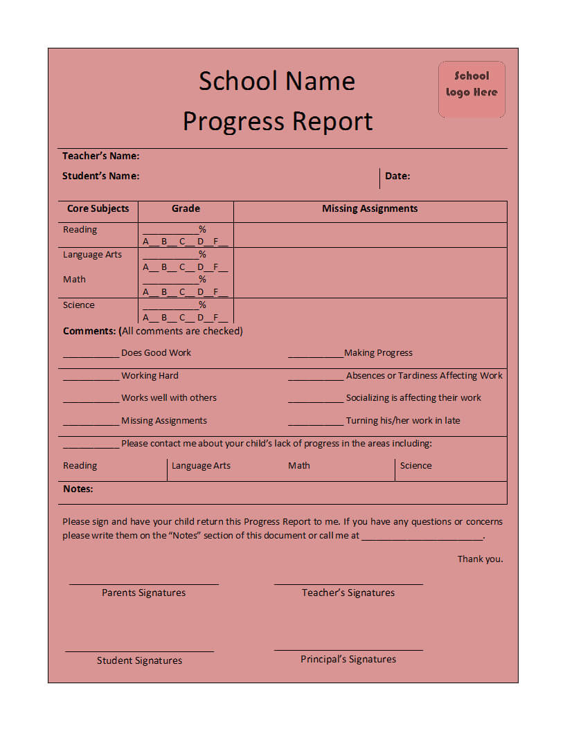 Progress Report Format For Students