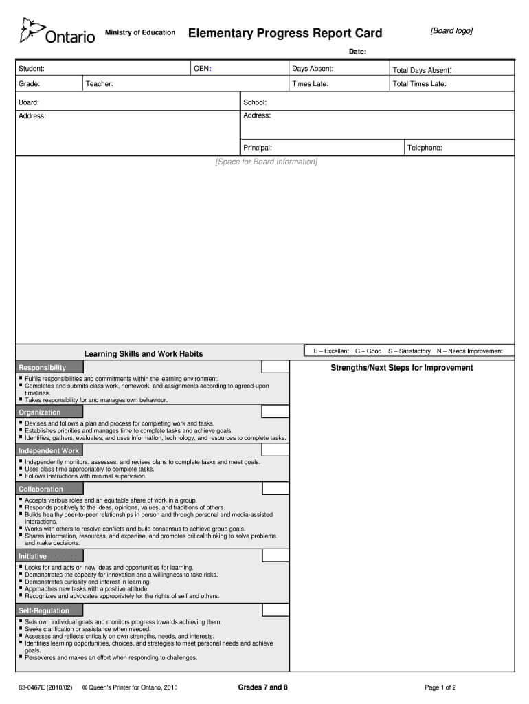 Progress Reports Ontario – Fill Online, Printable, Fillable With High School Report Card Template