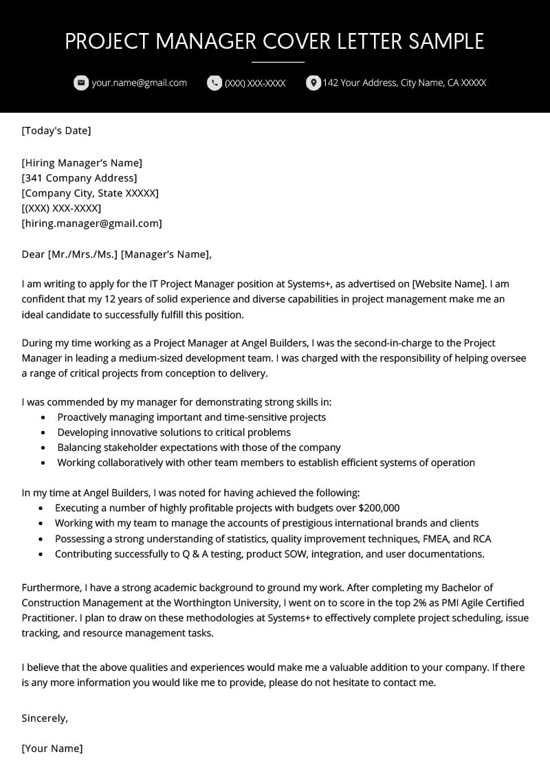 Project Manager Cover Letter Example | Resume Genius For Letter Of Interest Template Microsoft Word