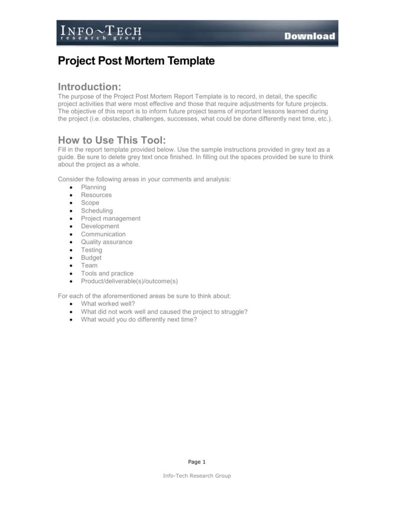 Project Post Mortem Template Throughout Project Analysis Report Template