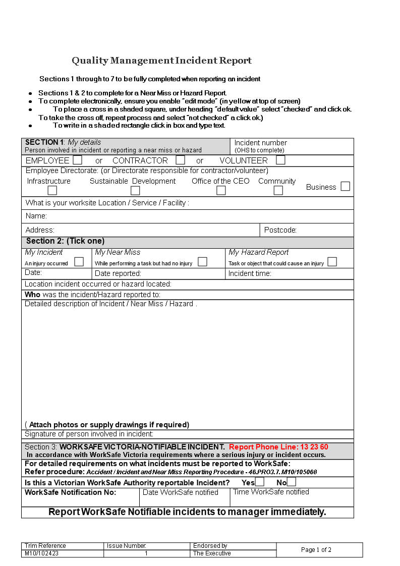 Quality Management Incident Report | Templates At Throughout Ohs Incident Report Template Free