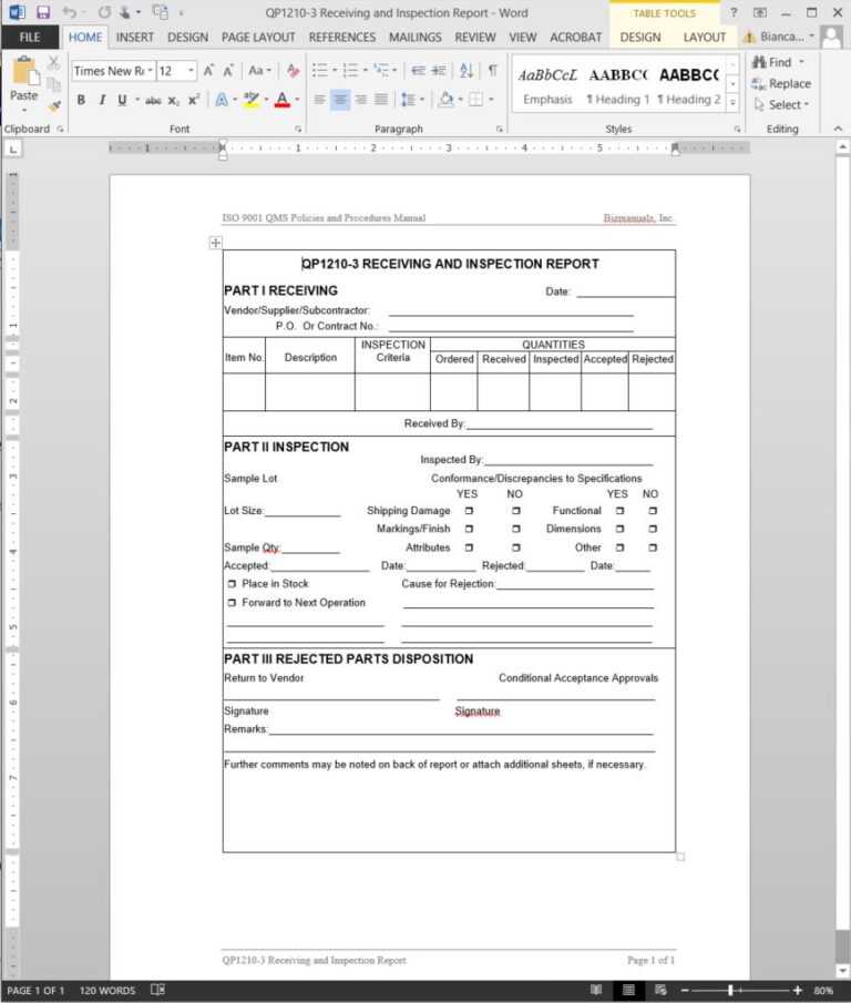 Receiving Inspection Report Iso Template | Qp1210-3 throughout Part ...
