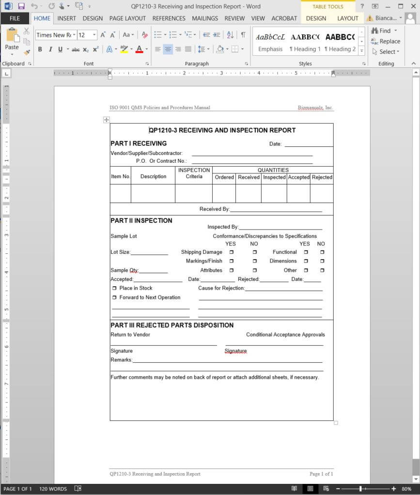 Receiving Inspection Report Iso Template | Qp1210 3 Throughout Part Inspection Report Template