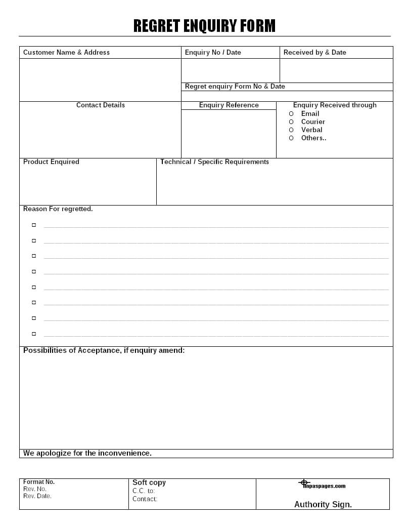 Regret Enquiry Form Format Throughout Enquiry Form Template Word