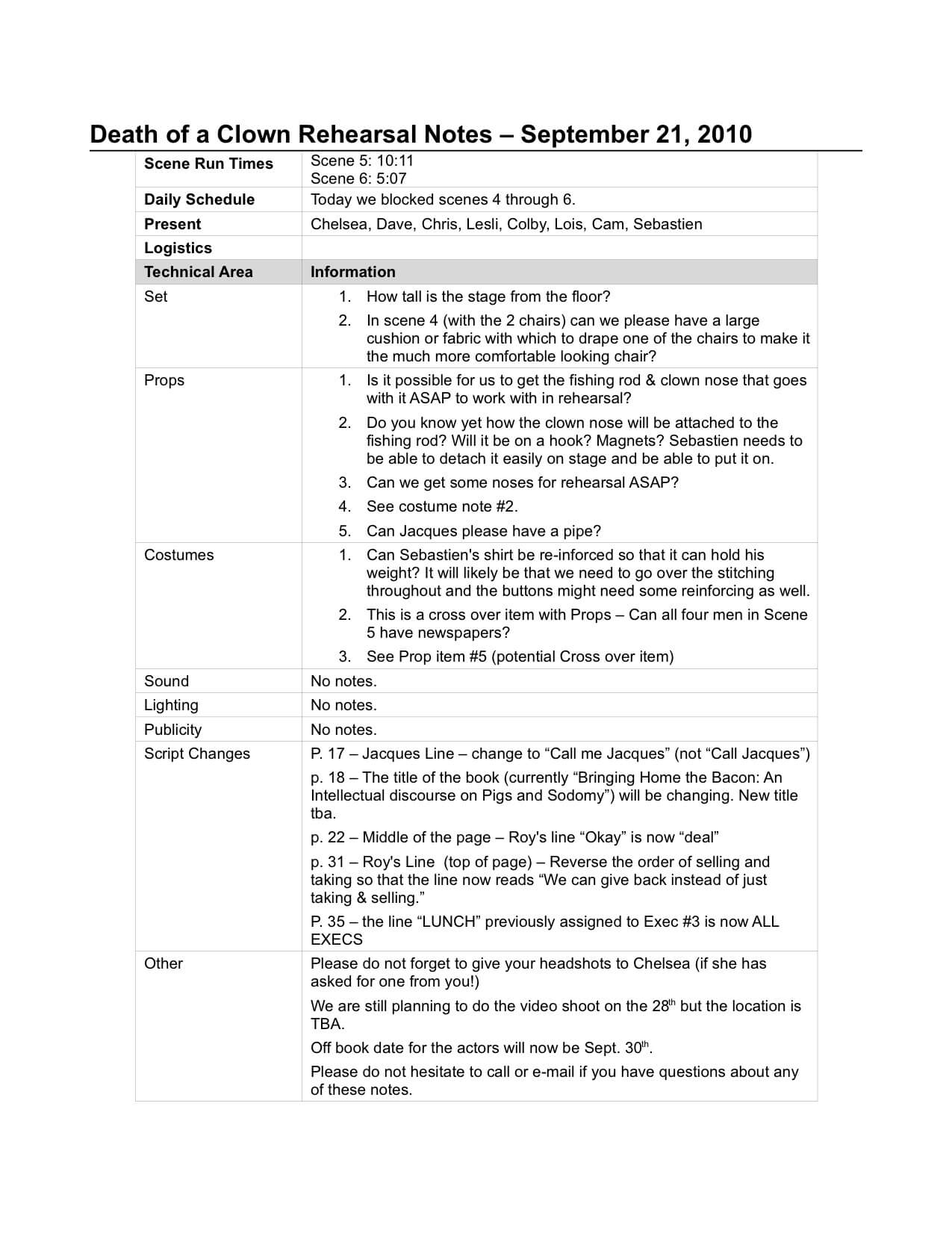Rehearsal Report Template The Sm Prompt Book Show Bible Pt Throughout Rehearsal Report Template