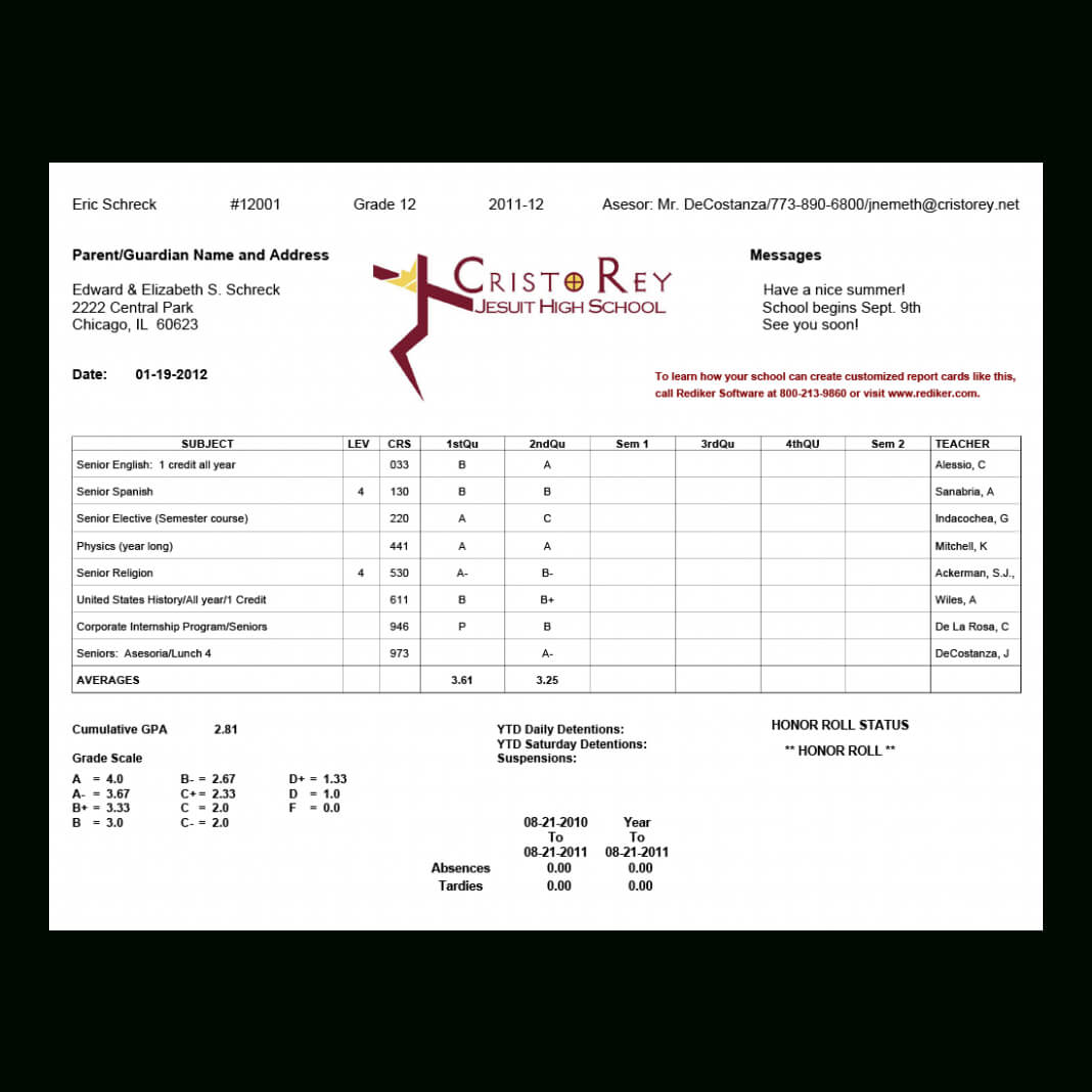 Report Card Template College Cristo Rey High School 4Web Inside College Report Card Template