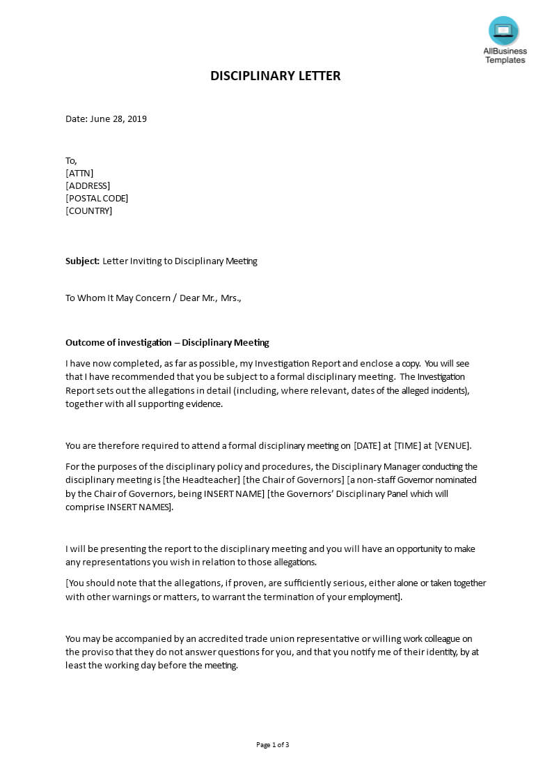 Sample Letter Inviting To Disciplinary Meeting | Templates At With Regard To Investigation Report Template Disciplinary Hearing