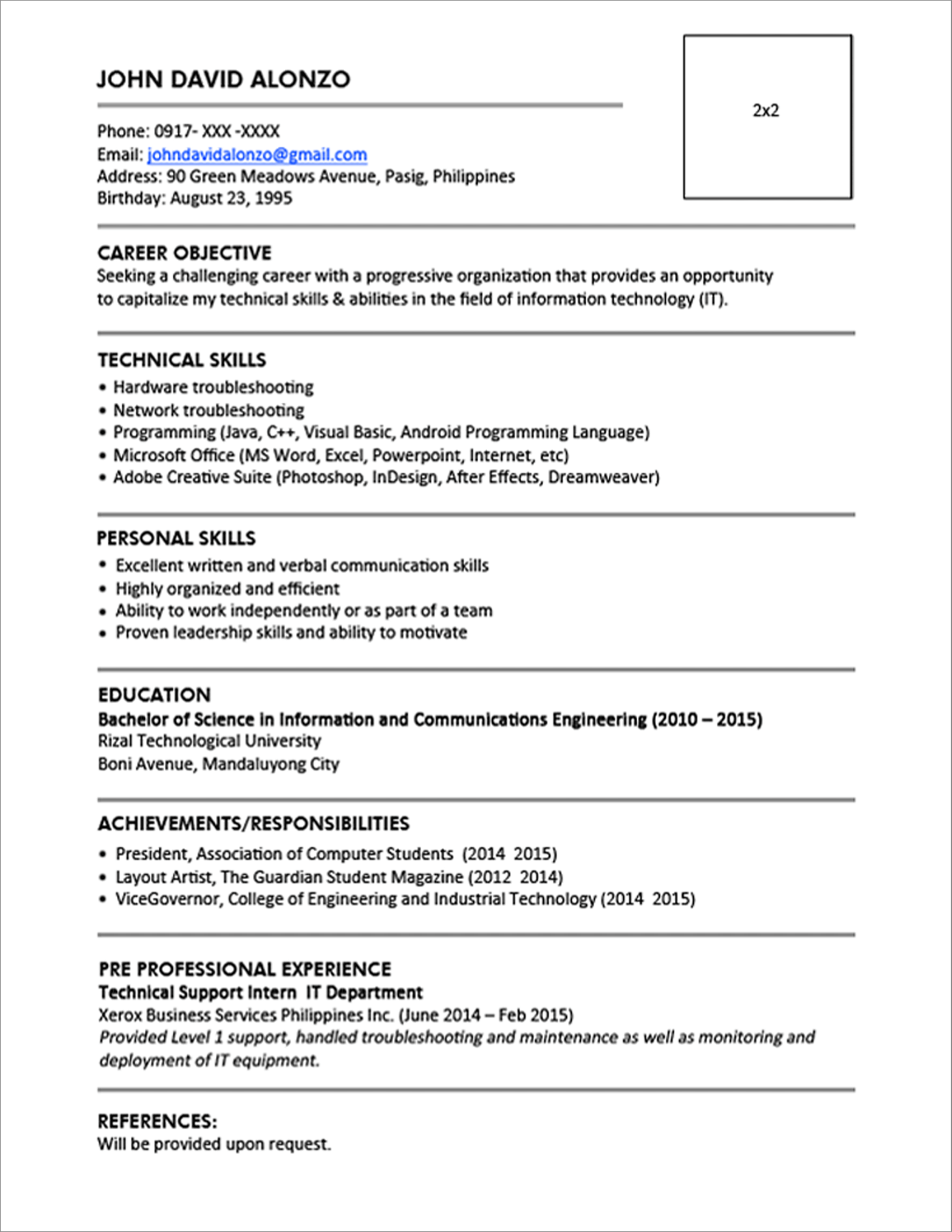 Sample Resume Format For Fresh Graduates (One Page Format Pertaining To Combination Resume Template Word