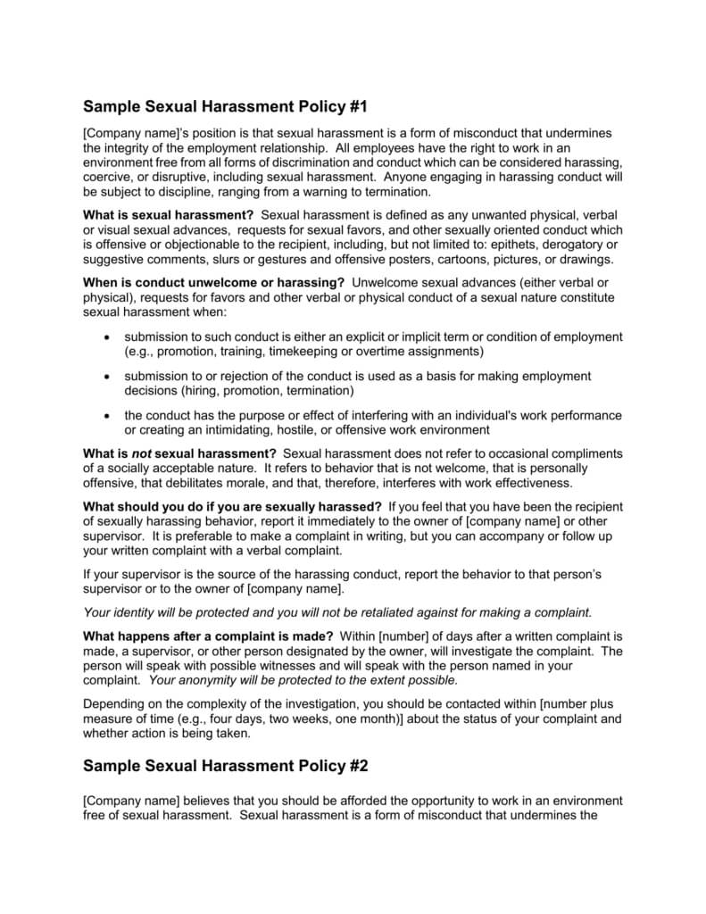 Sample Sexual Harassment Policy #1 Intended For Sexual Harassment Investigation Report Template