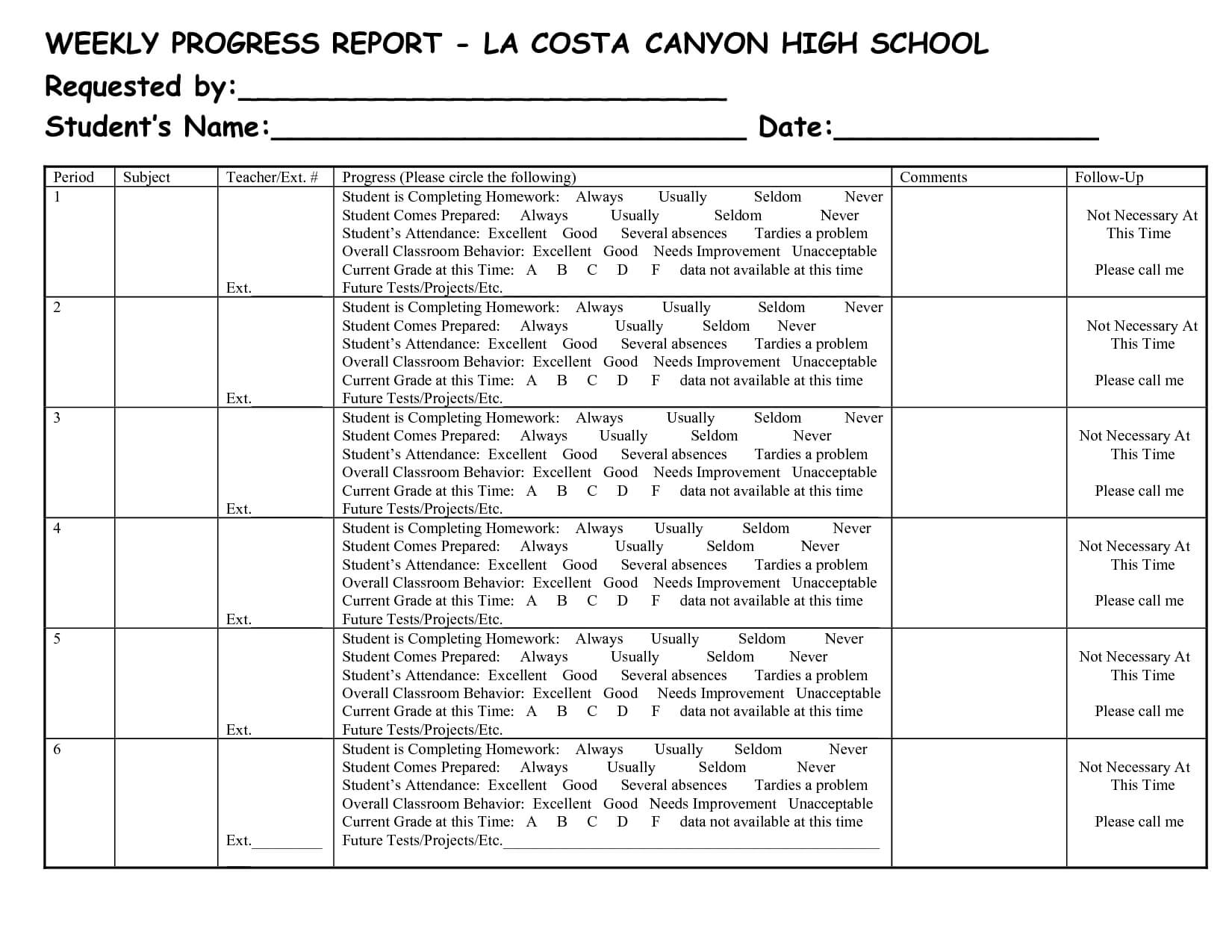 School Progress Report Templates – Loran Throughout High School Progress Report Template