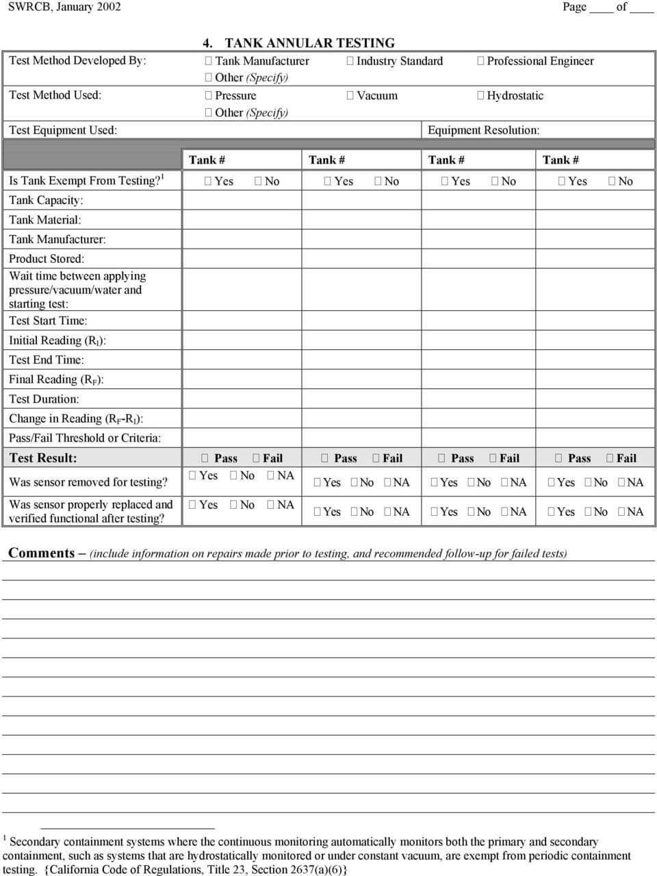 Secondary Containment Testing Report Form – Pdf Free Download Pertaining To Hydrostatic Pressure Test Report Template